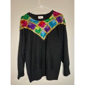 1990s SML Sport Sequin Diamond Glam Rainbow Maximalist Sparkle Party Sweater M